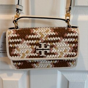 Tory Burch Britten Woven Mini Top Handle Crossbody bag.